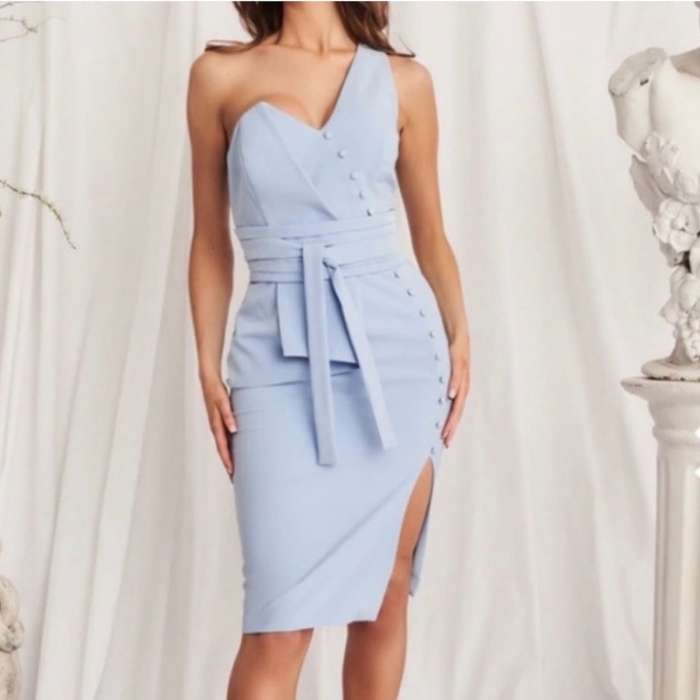 Lavish Alice Blue One-Shoulder Jumpsuit with Asymmetrical Neckline